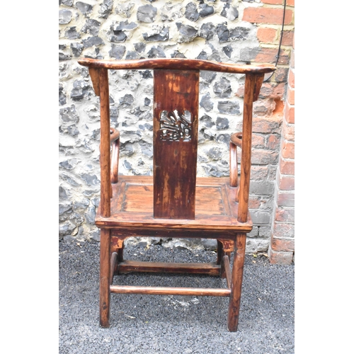 124 - A pair of 20th century Chinese Ming style yoke back hardwood armchairs, with curved top rail and cur... 