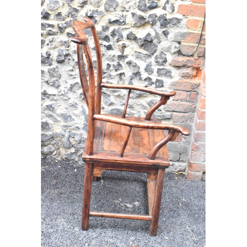 124 - A pair of 20th century Chinese Ming style yoke back hardwood armchairs, with curved top rail and cur... 