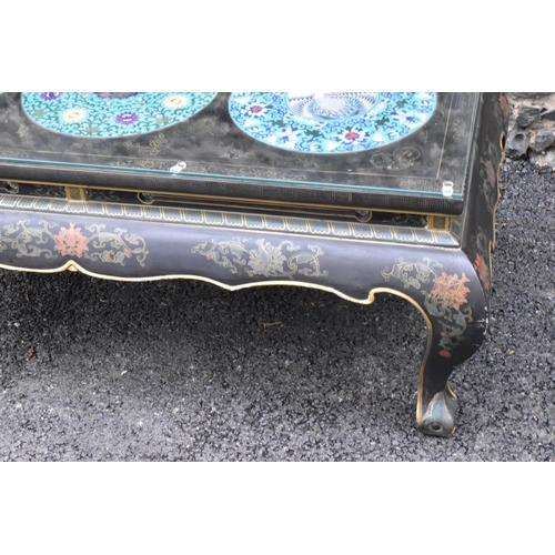 125 - A Chinese 20th century cloisonne coffee table, the black  lacquered low coffee table with a rectangu... 