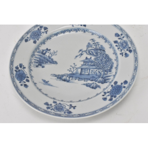 145 - A Chinese 18th century, Qianlong, Nanking cargo blue and white plate, in boatman and six flowers des... 