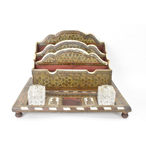 147 - A Persian late Qajar dynasty letter rack, the profusely inlaid frames having micro-mosaic inlaid for... 