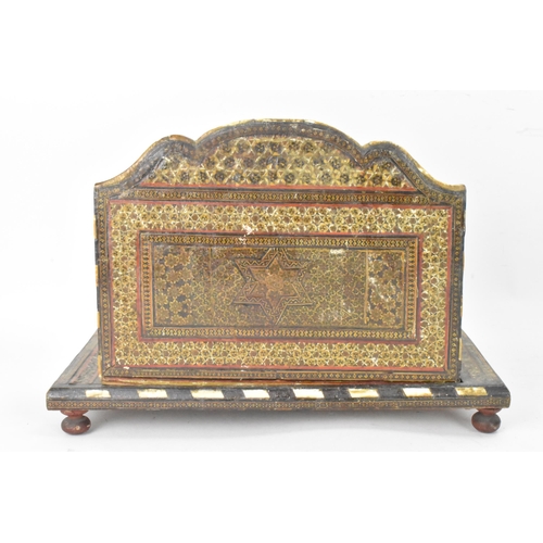 147 - A Persian late Qajar dynasty letter rack, the profusely inlaid frames having micro-mosaic inlaid for... 