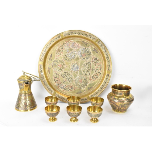 148 - A 19th century Islamic Cairoware mamluk revival brass coffee/tea service, consisting of a tray 31.5c... 