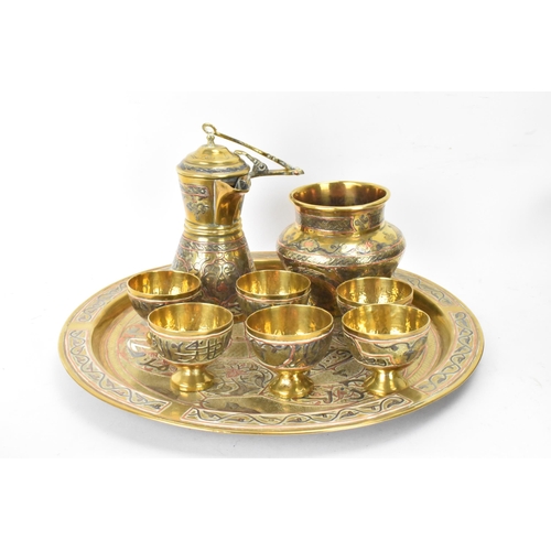 148 - A 19th century Islamic Cairoware mamluk revival brass coffee/tea service, consisting of a tray 31.5c... 