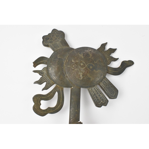 19 - A Chinese gilt metal ceremonial staff mount, the blade, issuant from a dragon's mouth and the vase-f... 