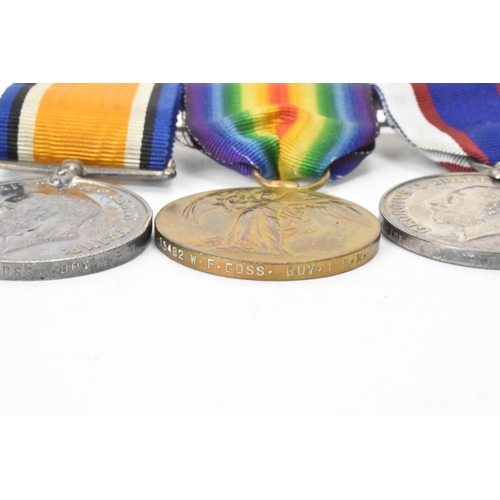 222 - A group of WWI and WWII medals to include a three medal WW1 group including a Royal fleet reserve lo... 