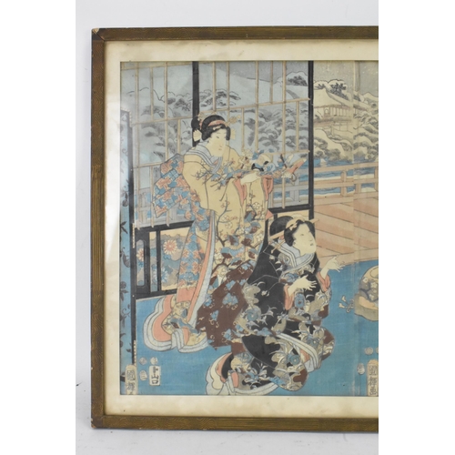 224 - Utagawa Kuniyoshi (1797-1861) A mid 19th century woodblock print depicting Geisha girls interior sce... 