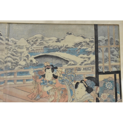 224 - Utagawa Kuniyoshi (1797-1861) A mid 19th century woodblock print depicting Geisha girls interior sce... 