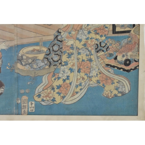 224 - Utagawa Kuniyoshi (1797-1861) A mid 19th century woodblock print depicting Geisha girls interior sce... 