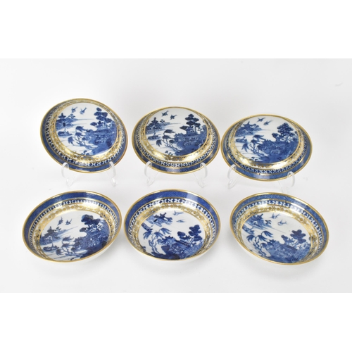 5 - A set of Six Chinese late 18th century, blue and white export porcelain tea bowls and six saucers, d... 