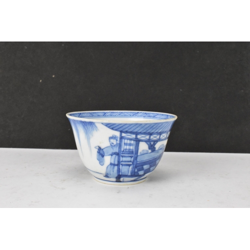 53 - Three Chinese 20th century blue and white bowls, decorated with dragons and interiors with central m... 