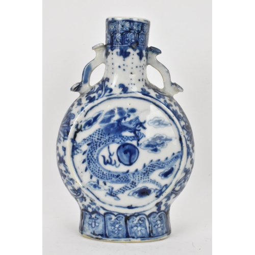 58 - A Chinese blue and white moon flask, late Qing Dynasty, the central panels either side depicting dra... 