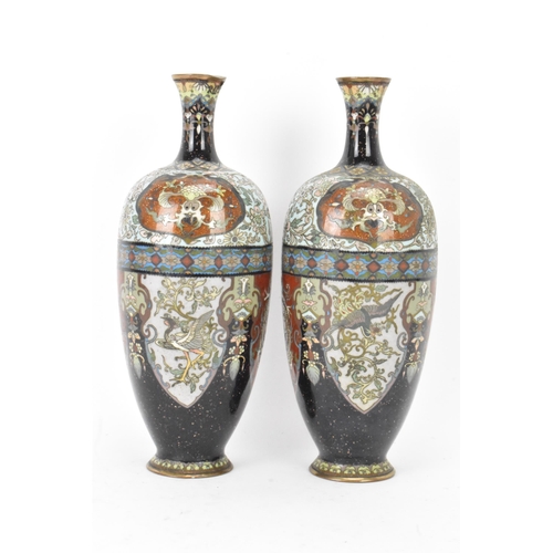 61 - A pair of Japanese Meiji period cloisonne enamel vases, of ovoid form with elongated necks, decorate... 