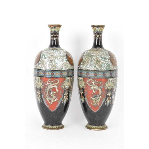 61 - A pair of Japanese Meiji period cloisonne enamel vases, of ovoid form with elongated necks, decorate... 