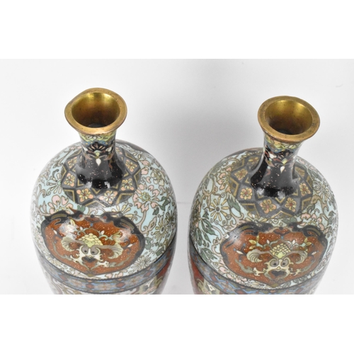 61 - A pair of Japanese Meiji period cloisonne enamel vases, of ovoid form with elongated necks, decorate... 