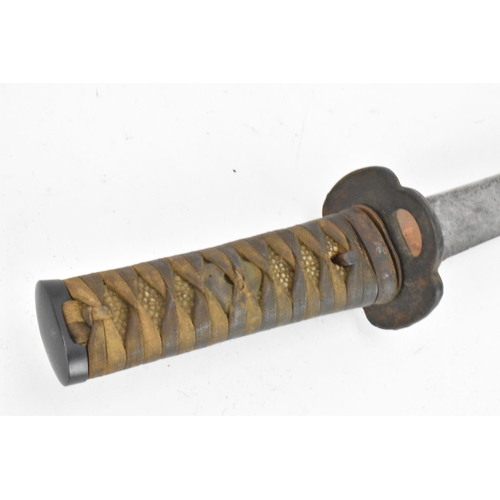 79 - A Japanese wakizashi sword, steel blade, pierced tsuba, brown braid bound tsuka, shagreen handle, wi... 