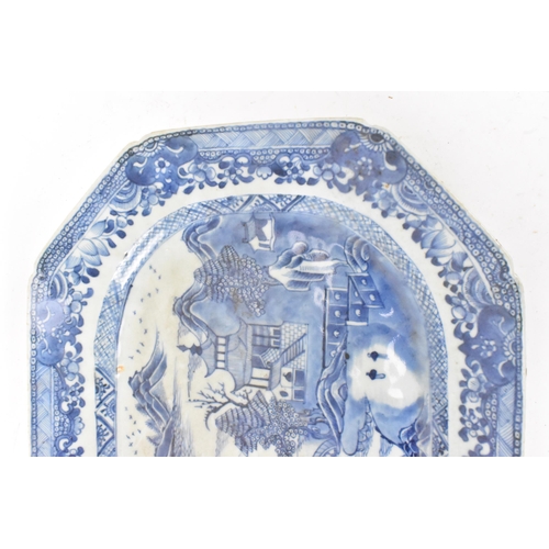 98 - A Chinese export, 18th century, Qianlong period blue and white meat plate, of canted form depicting ... 