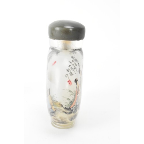 226 - Three Chinese 20th century glass painted snuff bottles, one depicting figures in conversation in a c... 