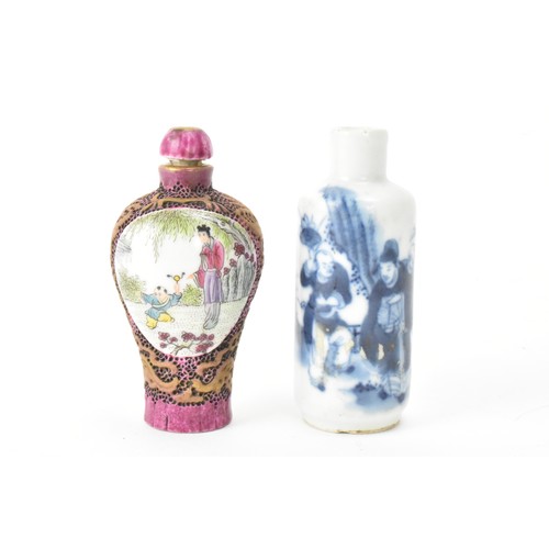 228 - Two Chinese porcelain hand painted snuff bottles to include a Qing dynasty blue and white bottle dec... 