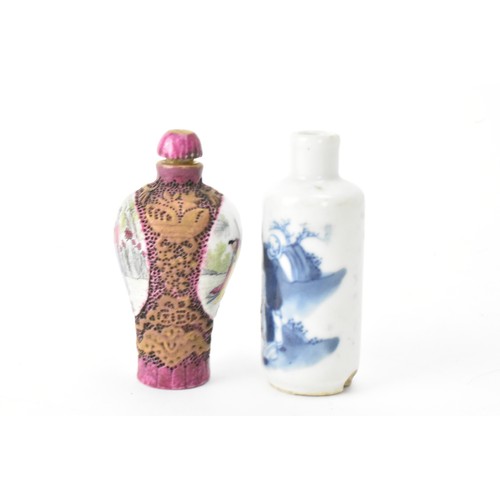 228 - Two Chinese porcelain hand painted snuff bottles to include a Qing dynasty blue and white bottle dec... 