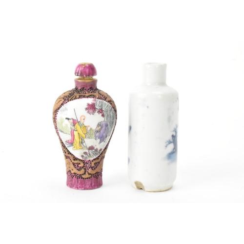 228 - Two Chinese porcelain hand painted snuff bottles to include a Qing dynasty blue and white bottle dec... 