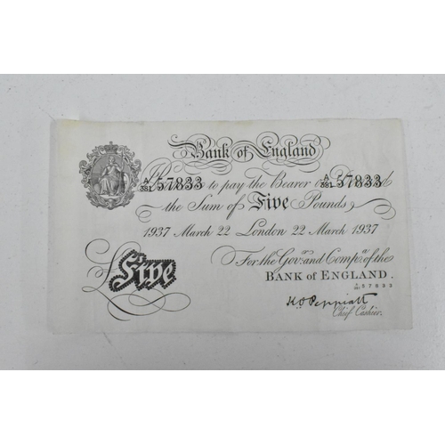 97 - Banknotes - A 1937 Five Pound / £5, Peppiatt A/381 57833, together a Peppiatt WWII ear One Pound / £... 