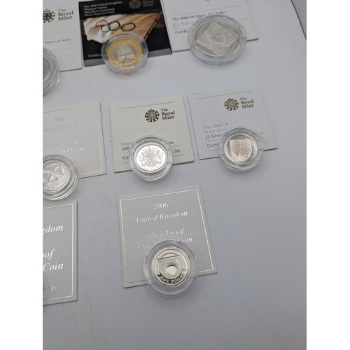 38 - A collection of mixed British Silver Proof coins to include 2008 Elizabeth I £5, 2008 The Prince of ... 