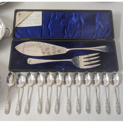 45 - Silver plated items to include a floral embossed coffee pot, Sorley fish serving cutlery in a fitted... 