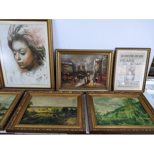 436 - A mixed lot of framed pictures to include an oil on canvas of a French street scene by W Kirby, Cons... 