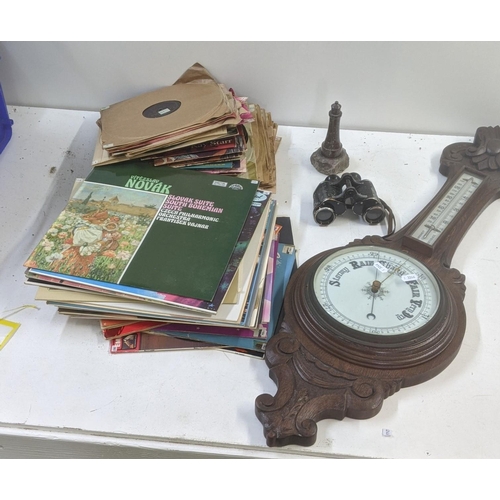 437 - A mixed lot to include an early 20th century wall hanging barometer, a Cornish carved stoneware marb... 