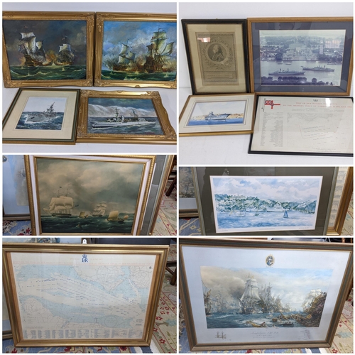 76 - Mixed naval related pictures to include several oil paintings in gilt frames, a print depicting the ... 