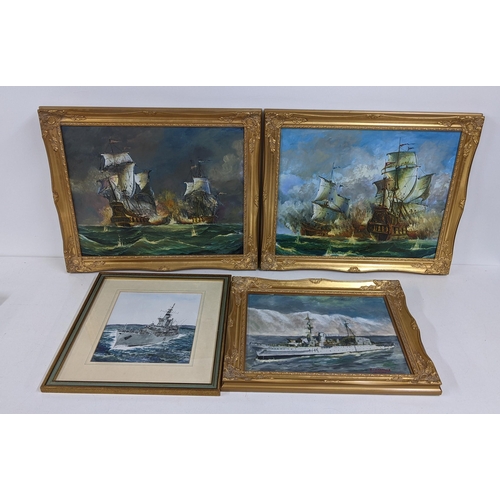 76 - Mixed naval related pictures to include several oil paintings in gilt frames, a print depicting the ... 