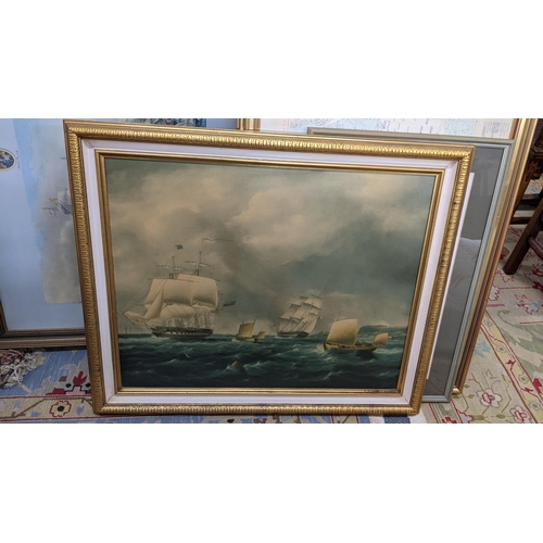 76 - Mixed naval related pictures to include several oil paintings in gilt frames, a print depicting the ... 