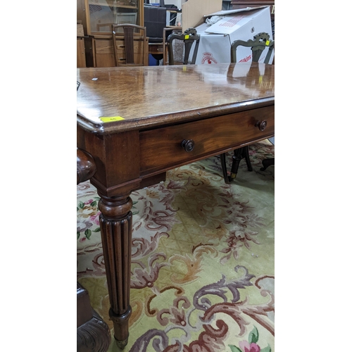 86 - A late Victorian Warring & Gillows style side table having two short drawers and reeded tapering leg... 