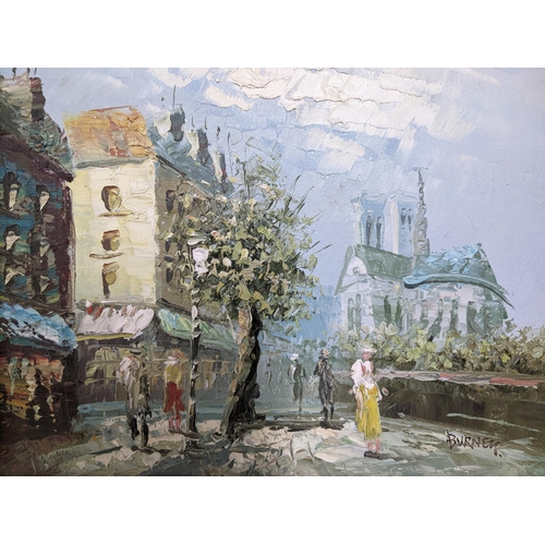 457 - Burnett - continental town street scene with figures and a tree to the foreground, buildings to the ... 