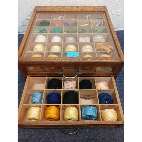 40 - A mid 20th Century Gutermann Sewing silk oak tabletop shop display case having 2 drawers with glass ... 