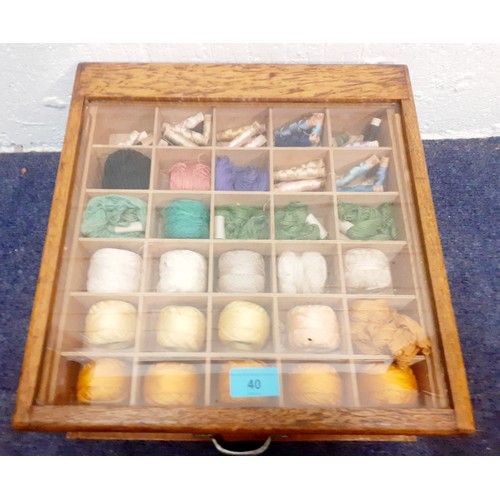 40 - A mid 20th Century Gutermann Sewing silk oak tabletop shop display case having 2 drawers with glass ... 