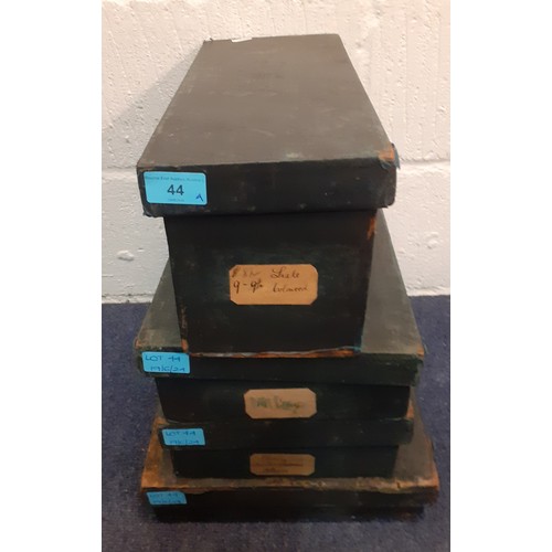 44 - Four 1920's green canvas covered wooden haberdashery boxes containing vintage knitting needles, silk... 