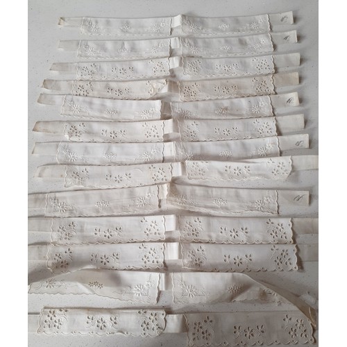 48 - Thirteen Edwardian white cotton Broderie Anglais ladies collars on card, 2 cream silk machine made l... 