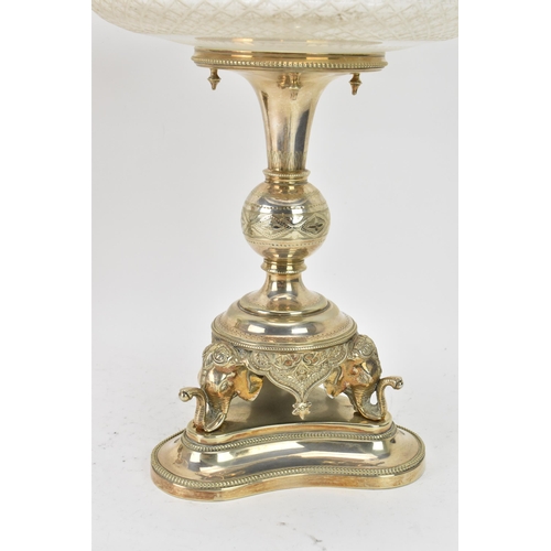 103 - A pair of late Victorian silver plated pedestal dishes, each having cut glass dishes raised by a kno... 