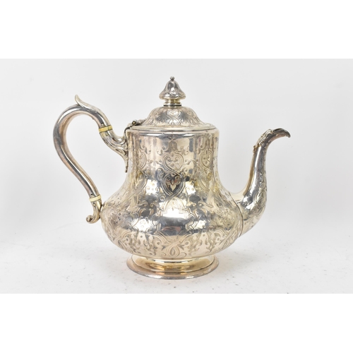 112 - A Victorian silver teapot and matching cream jug by Robert Hennell III, hallmarked London 1855, each... 