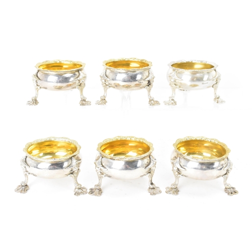 113 - A George III set of six silver salts by David Hennell I, hallmarked London 1762, each having gadroon... 