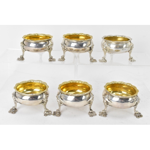 113 - A George III set of six silver salts by David Hennell I, hallmarked London 1762, each having gadroon... 