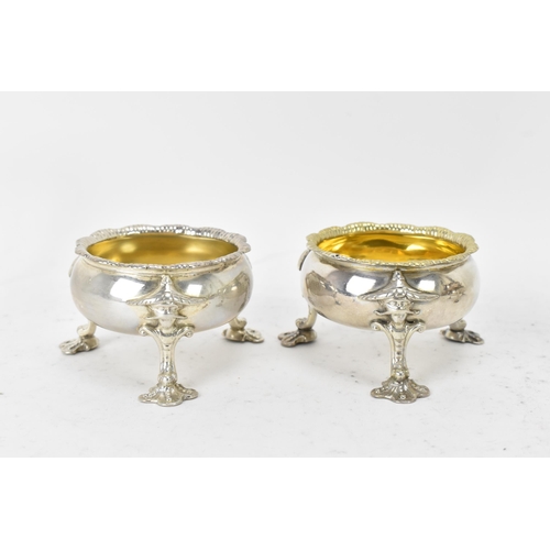 113 - A George III set of six silver salts by David Hennell I, hallmarked London 1762, each having gadroon... 