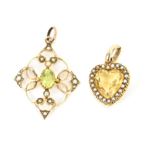 128 - Two Edwardian pendants to include a 9ct yellow gold peridot and seed pearl pendant, 32mm x 25mm, 1.7... 