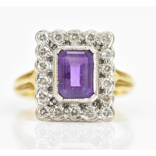 242 - An 18ct yellow gold amethyst and diamond cluster ring, the central baguette cut amethyst surface mea... 