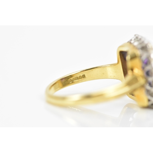 242 - An 18ct yellow gold amethyst and diamond cluster ring, the central baguette cut amethyst surface mea... 