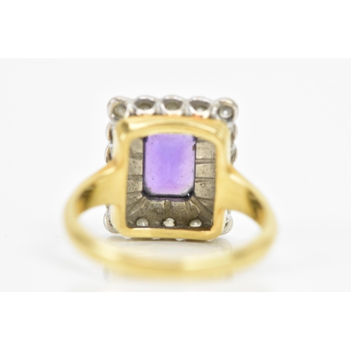 242 - An 18ct yellow gold amethyst and diamond cluster ring, the central baguette cut amethyst surface mea... 