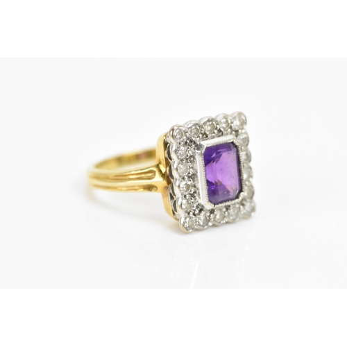 242 - An 18ct yellow gold amethyst and diamond cluster ring, the central baguette cut amethyst surface mea... 