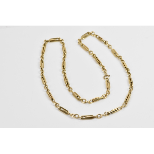 248 - A 9ct yellow gold bar and link chain necklace, stamped 375, with a spring ring clasp, 80cm, 68 grams